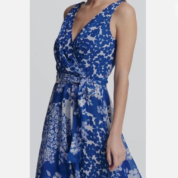 Dkny Women's Blue Mixed Floral Jersey Chiffon V-Neck Midi Wrap Dress Sz-2 - Picture 1 of 13